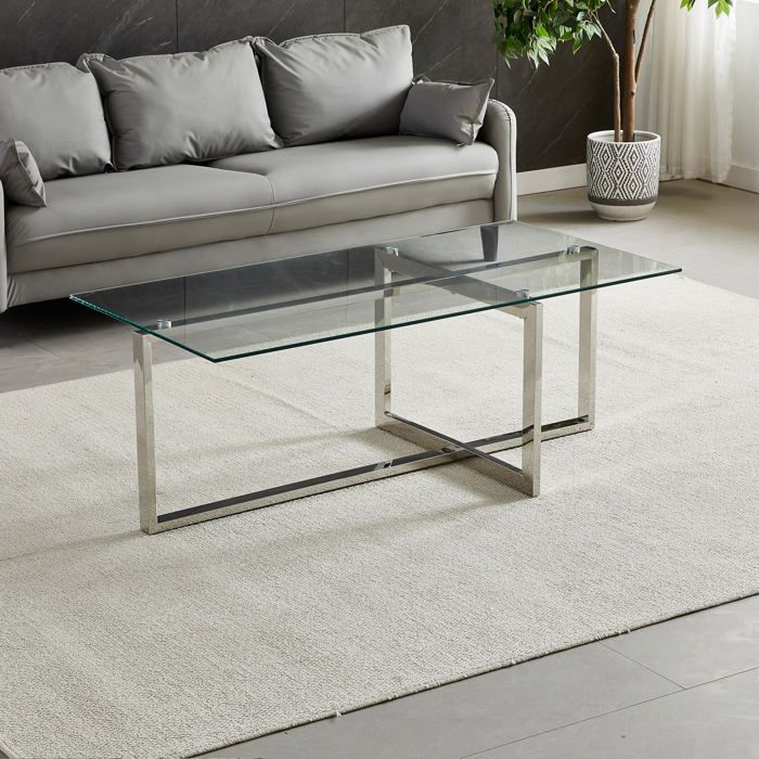 Table basse rectangulaire - Verre trempé transparent - Métal argenté - CHIARA