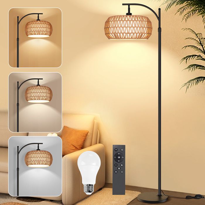Lampadaire sur Pied Salon Rotin-Variateur Infini 0-100% & 3 Températures (3000K-6500K) - Télécommande/Pédale & Bras Rotatif 360°
