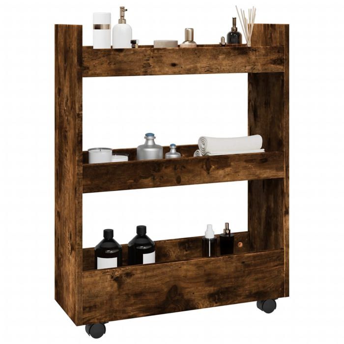 SALE 2025Desserte de cuisine à roulettes - Chariot de rangement étroit 3 niveaux - Chêne fumé - 11 5 Kg 2191