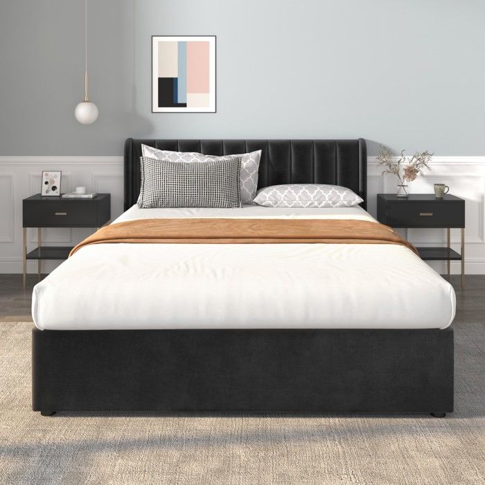 Lit Double Lit capitonné velours 140x200 cm sommier lattes 2 tiroirs noir - Dormez en luxe - sans Matelas