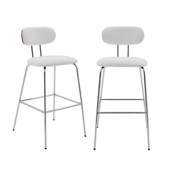 2 tabourets de bar décor bois courbé teinté noyer et tissu déperlant blanc. pieds métal chromé - L 44 x P 51 x H 103cm - Erin