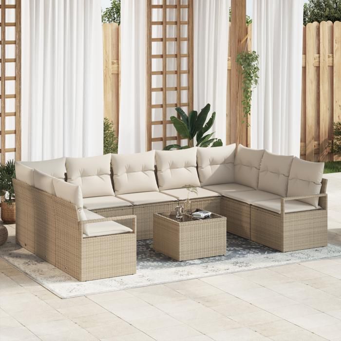 Canapé de jardin - 10 pièces - Rotin naturel - Coussins résistants aux intempéries - Style contemporain