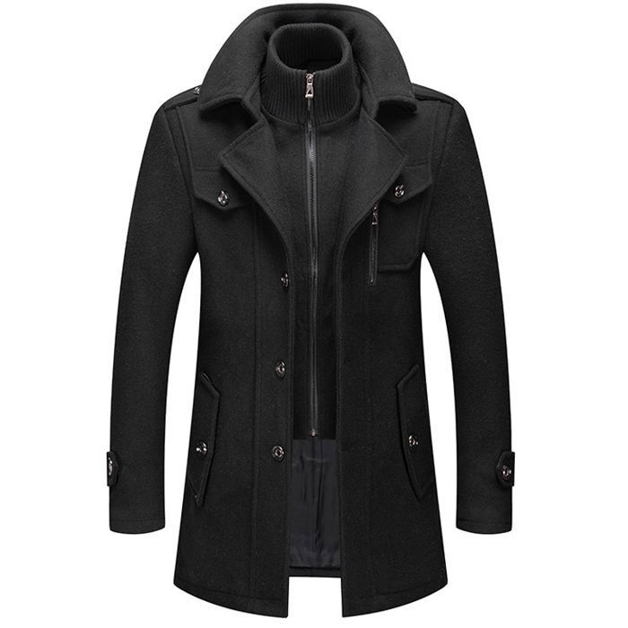 Blouson de Ski Homme Laine Mi-Longue Double Col Veste de Ski Décontracté Manteau Homme de Sport Chaud Exercice en plein air - Noir