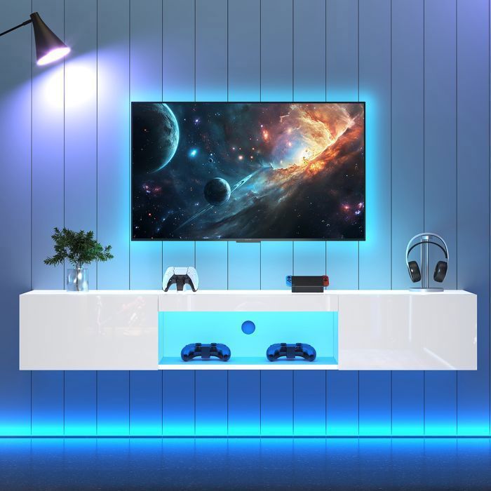 Meuble TV Mural pour Centre de Divertissement avec Lumières LED 160cm Banc TV Suspendu avec Gestion des Câbles Blanc