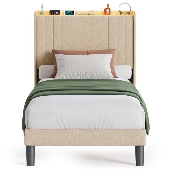 Structure de Lit - Bealife - 90x200cm - Tête Rembourré - Latte Bois de Sapin - LED Réglable - Prise USB - Rangement sous Lit -Beige