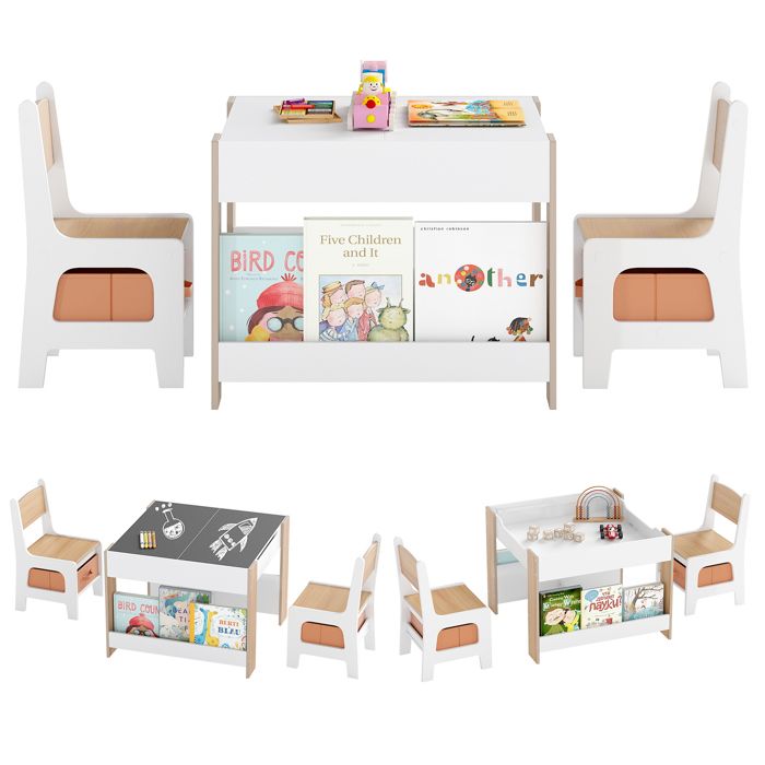 COSTWAY Table 4 en 1 et 2 Chaises Enfants - Plateaux Réversibles Double Face & Bibliothèques Latérales Tiroirs en Tissu Orange