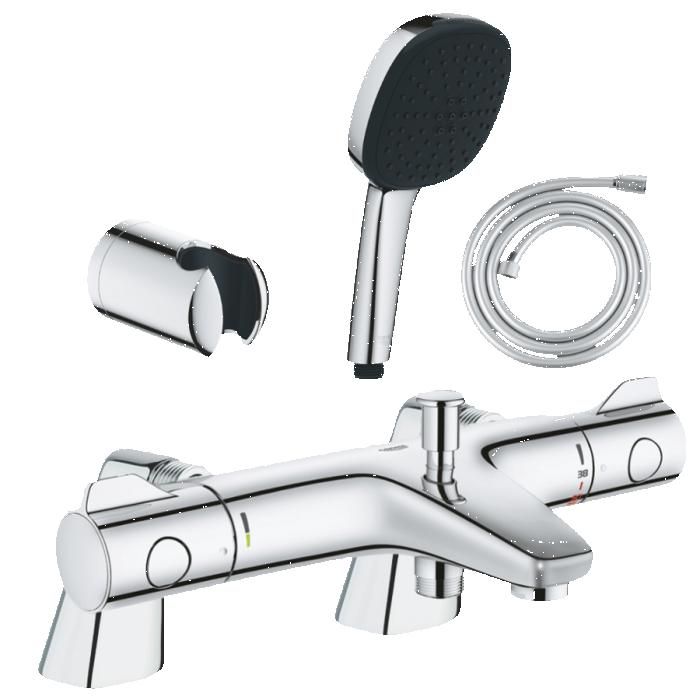 Grohe Pack mitigeur bain douche thermostatique Grohtherm 800 + douchette carré 2 jets + flexible + support
