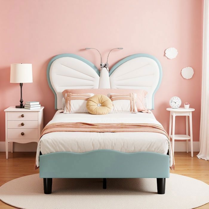 Lit Enfant Fille 90x200 Lit Rembourré avec Liseuse Lit Princesse avec Papillon Tête de Lit Réglable en Velours Lit Simple Bleu