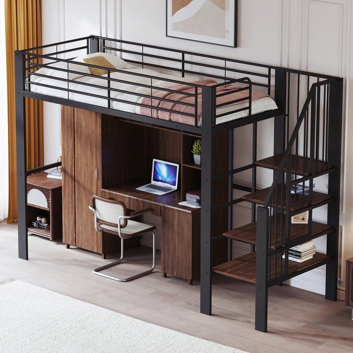 Lit mezzanine - Luonians - 90 x 200 cm lit mezzanine en fer forgé avec escalier rangement sous le lit matelas non inclus -Noir
