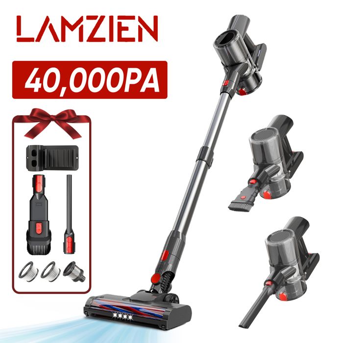 LAMZIEN  Aspirateur Balai Sans Fil 40Kpa/45Min/6 En 1 &Eacute;cran LED Pour Poils Danimaux sols Durs et Moquettes
