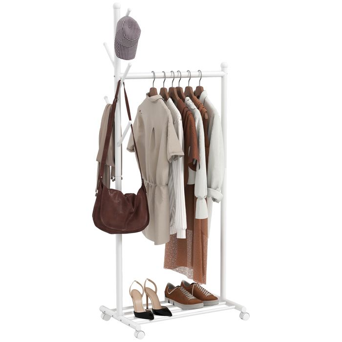 Portant à vêtements - HOMCOM - sur roulettes - étagère à chaussures et 5 crochets - cadre en métal - 68 x 43 x 171 cm - blanc