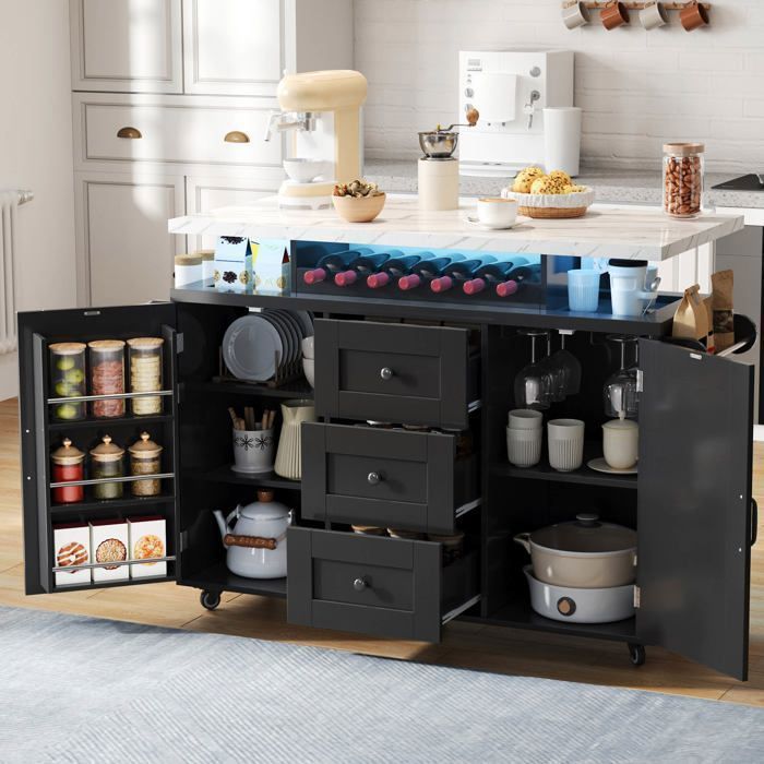 Îlot de Cuisine Mobile 120x42(60)x93 cm avec Plateau Rabattable LED 3 Tiroirs 2 Portes Porte-Bouteilles et 5 Roulettes - Noir