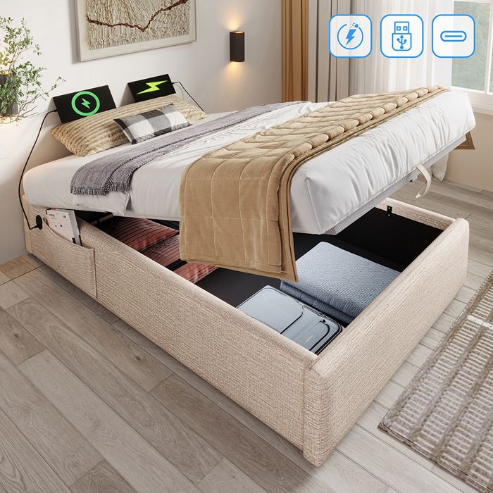 Lit coffre rembourré 90x190cm - sans tête de lit - avec prises de recharge - coffre de rangement - sommier à lattes - Lin beige