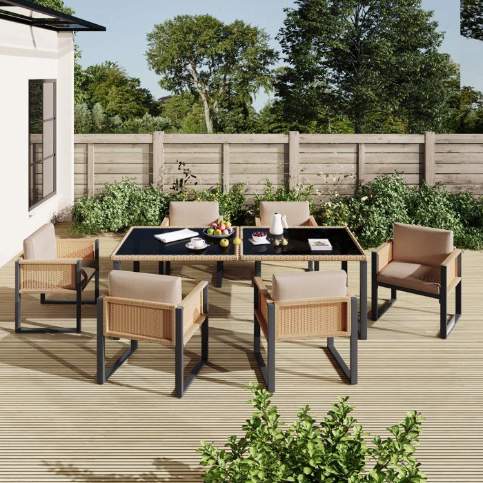 Ensemble table et chaises de jardin - 6 places - Rotin PE - Plateau verre trempé - Housses amovibles