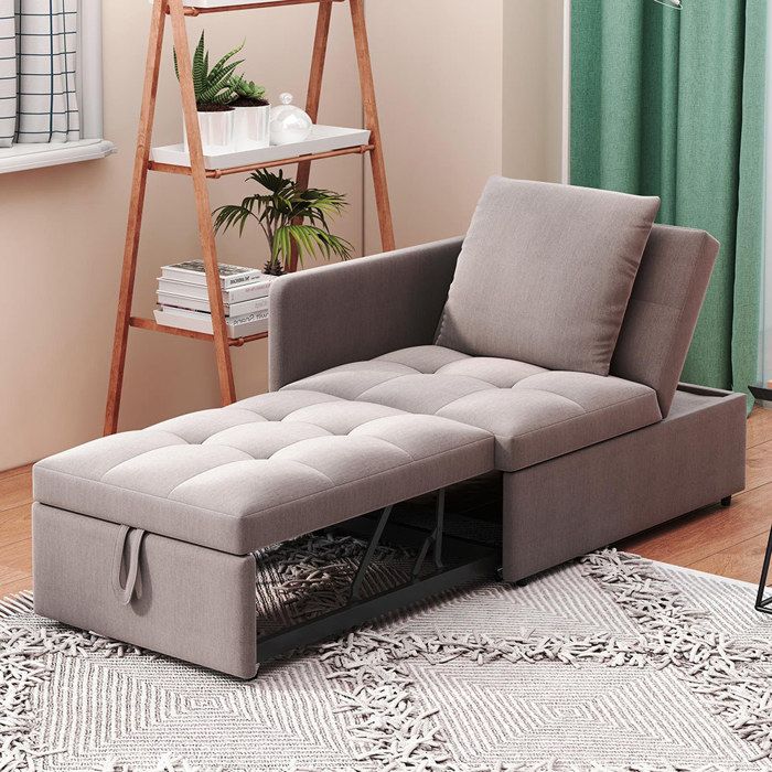 Canapé-lit - MINIMAL - 3 en 1 - Tissu lin gris - Dossier 5 positions - Convertible canapé/fauteuil/ lit simple