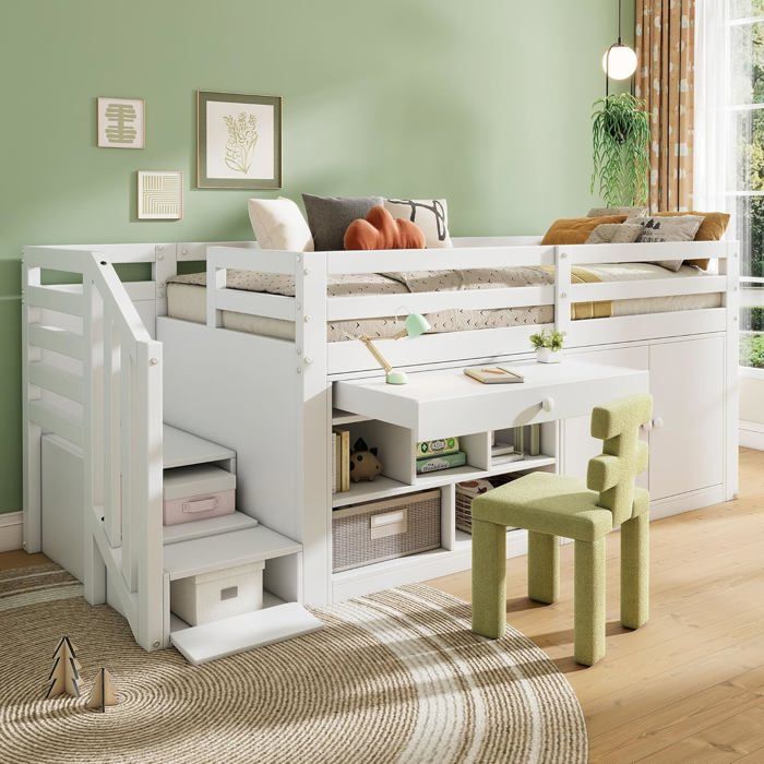 Lit superposé Enfant 90x200 tiroirs - lit cabane Enfants avec Rangement - lit Mezzanine 2 Places escalier-lit Enfant avec Barriere