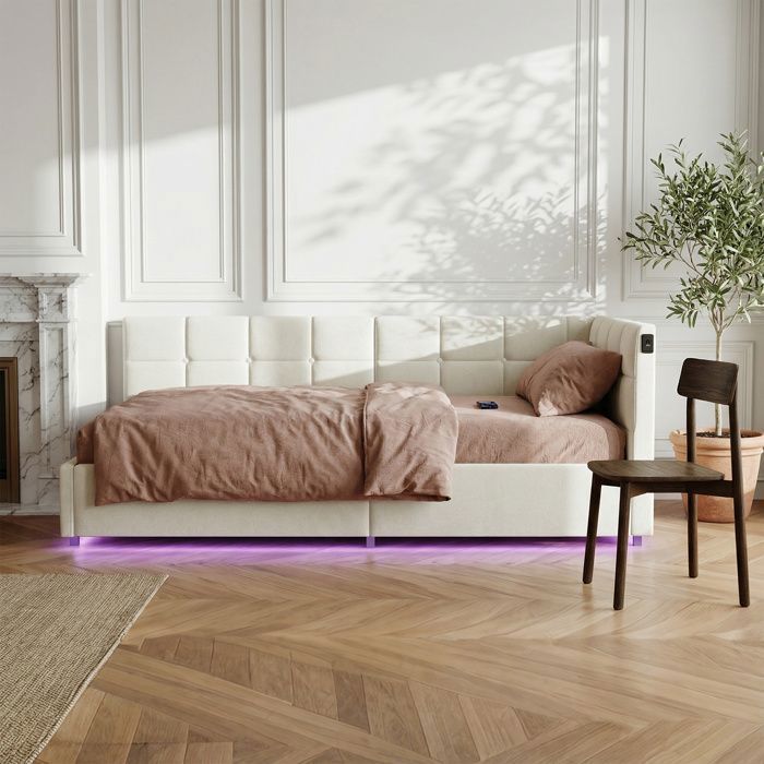 Lit adulte - 90 x 200 cm - Coffre de rangement - LED intégré - Prise USB