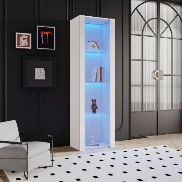 Vitrine rangement blanche laquée brillante avec LED  3 tablettes en verre 55x38x166cm