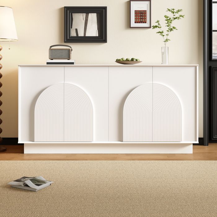 Buffet 160x38x80 cm 4 portes galbées meuble de rangement moderne pour salon et salle à manger surface mate - MDF - blanc