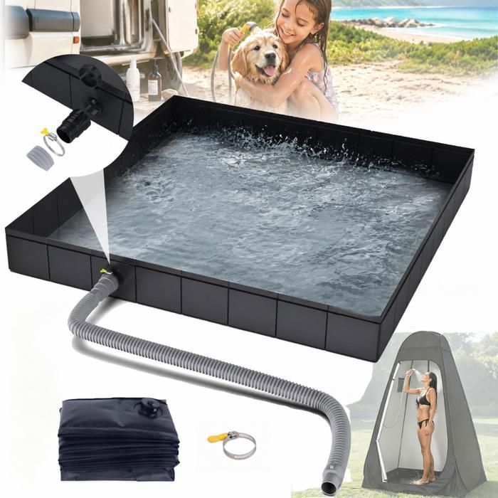 Bac de Douche Portable 104x104cm-Receveur de Douche Pliable PVC Imperméable Système de Drainage Anti-Boue Camping Caravane Animaux