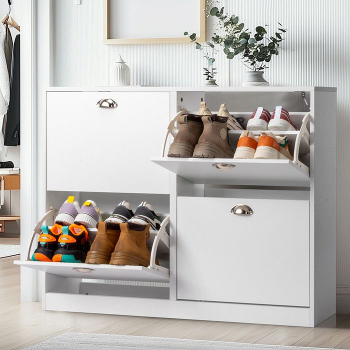 Meuble à Chaussures 4 Portes - ALIGHTUP - avec séparateur réglable pour entrée/couloir 102 x 25 x 78.5cm Blanc Meuble à Chaussures 4 Portes - ALIGHTUP - avec séparateur réglable pour entrée/couloir 102 x 25 x 78.5cm Blanc
