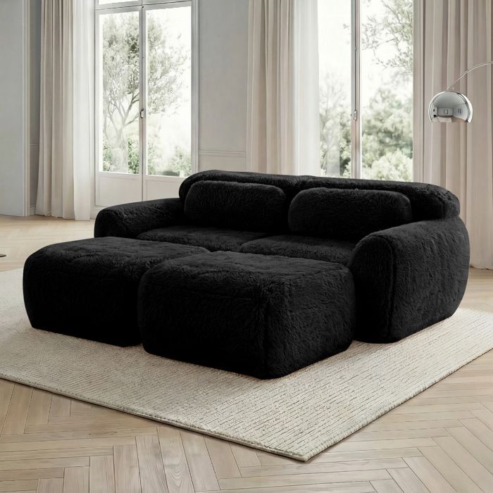 Canapé modulaire 2 places EVRYAE - sans montage avec 2 ottomans et base antidérapante design flexible - Noir