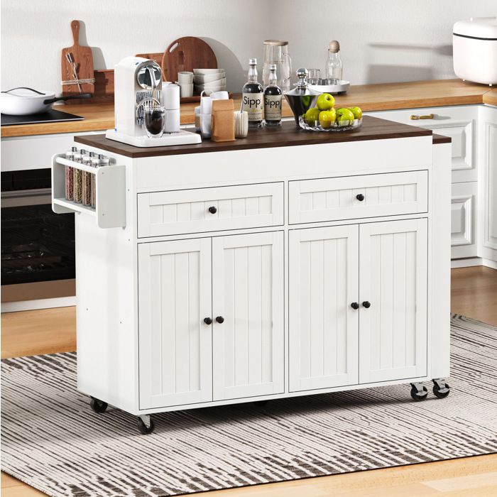 Desserte de cuisine sur roulettes avec 2 tiroirs 4 portes et plan de travail extensible MDF blanc et noyer - UVRION