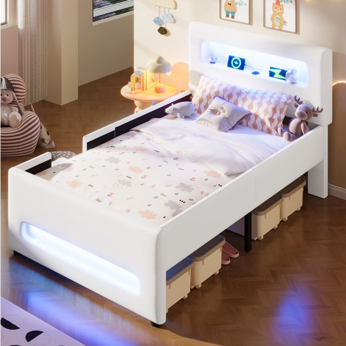 Lit plateforme rembourré 90×200 cm avec tiroirs de rangement LED intégrée USB sans matelas PU blanc - UVRION