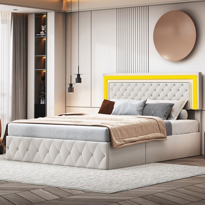 Lit Double 140x200 cm Beige Velours Capitonné Lit Coffre avec Vérins Sommier Métal Style Moderne Adulte