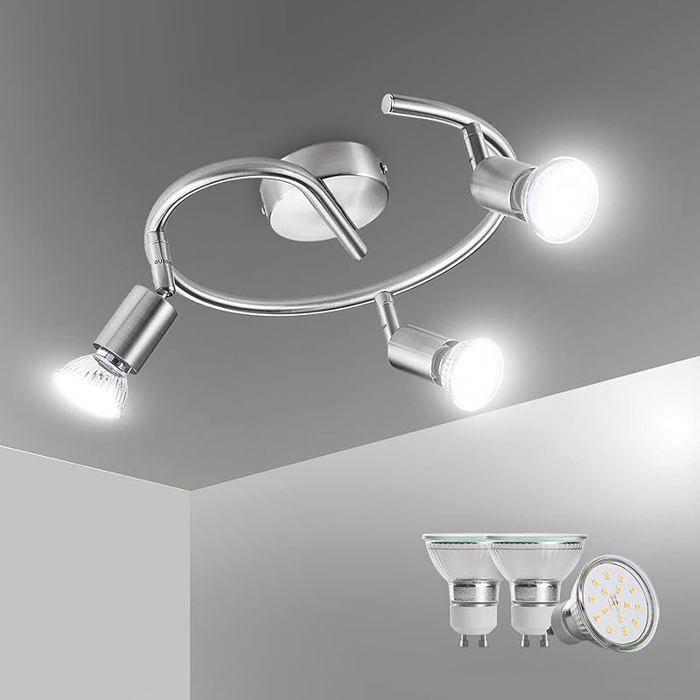 Plafonnier LED 3 Spot Luminaire Plafond Lustre Orientable GU10 Light Lampe Eclairage de 3 Spots / Blanc Neutre / Nickel