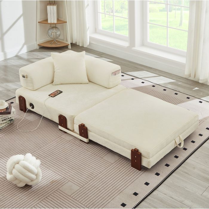 Canapé convertible 2 places en tissu beige avec rangement et ports USB/Type-C