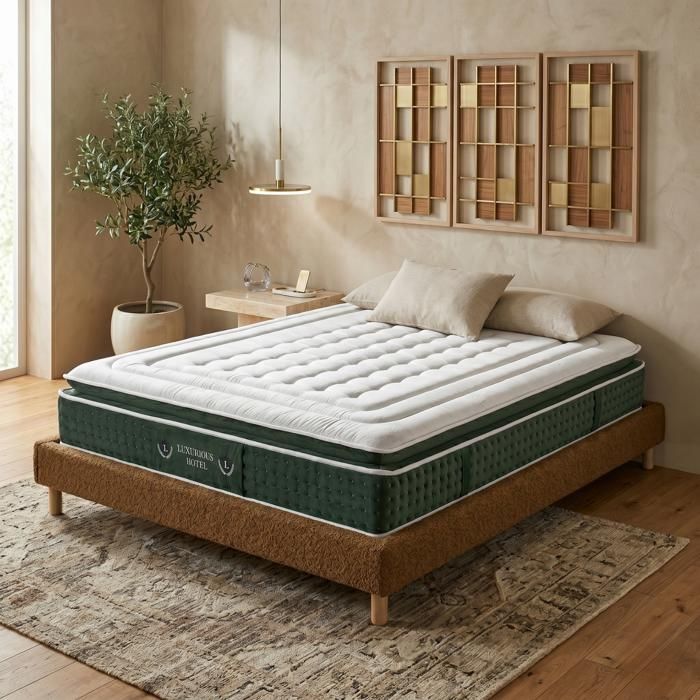Ensemble literie - SAMPUR - Émeraude - 140x190 - Tissu bouclette camel - Matelas hôtelier 33cm mémoire de forme Ensemble literie - SAMPUR - Émeraude - 140x190 - Tissu bouclette camel - Matelas hôtelier 33cm mémoire de forme