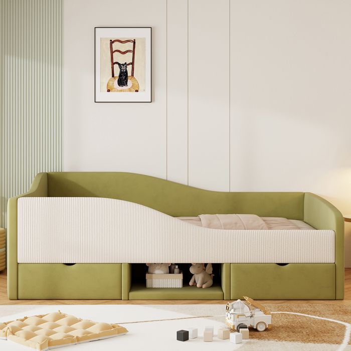 Lit enfant - KOMHTOM - 90x190 cm - Velours vert/ivoire - Canapé multifonction - 2 tiroirs Lit enfant - KOMHTOM - 90x190 cm - Velours vert/ivoire - Canapé multifonction - 2 tiroirs