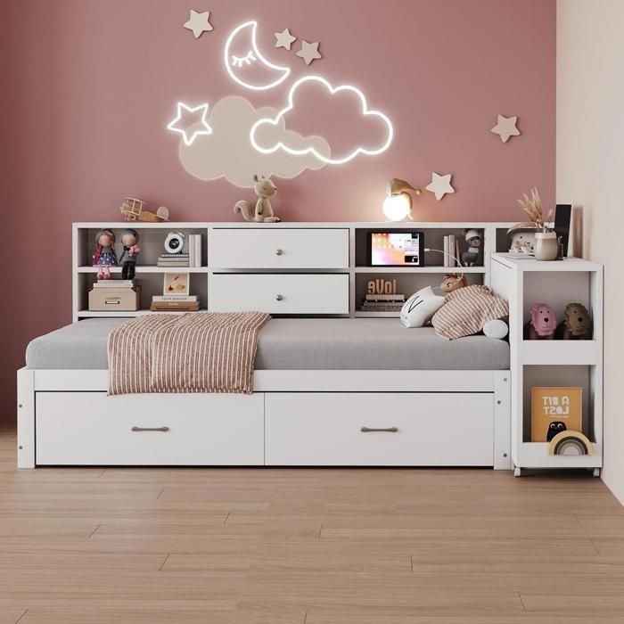 Lit coffre - KOMHTOM - 90x200 cm - Bois - Bureau extensible - Rangements & prises USB Type‑C