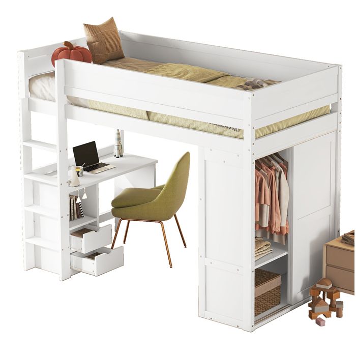 Lit surélevé enfant 90x200 cm avec armoire bureau tiroirs coloris blanc