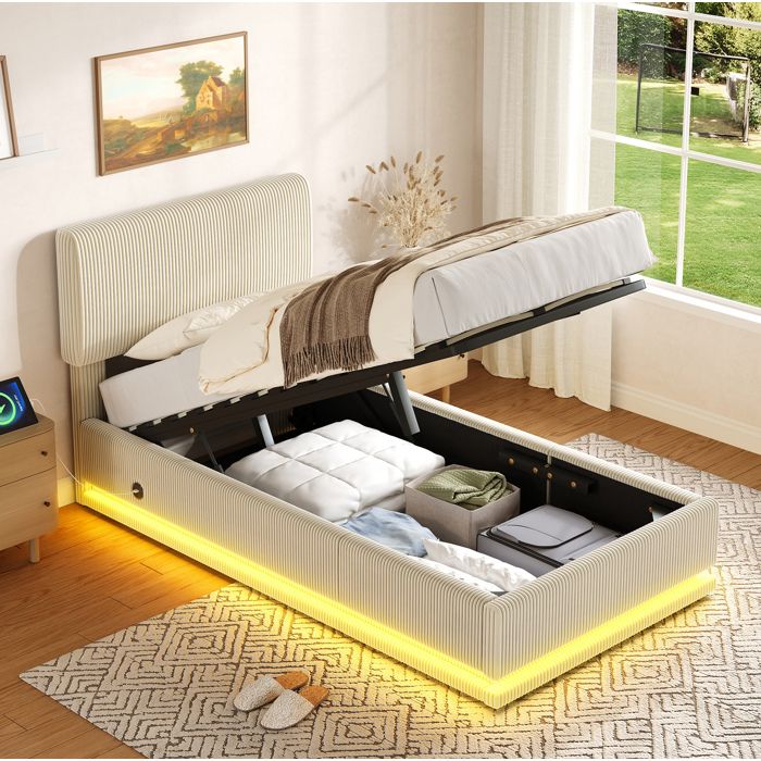 WOVREO lit coffre 90x200 cm beige avec LED USB-C tête de lit réglable et sommier à lattes