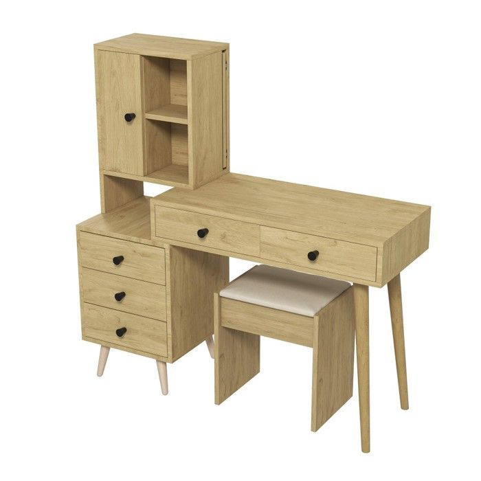 Coiffeuse Bois Naturel 84x40x120cm Miroir Escamotable 5 Tiroirs Meuble Latéral Tabouret Rembourré Beige Nombreux Rangements Chambre Coiffeuse Bois Naturel 84x40x120cm Miroir Escamotable 5 Tiroirs Meuble Latéral Tabouret Rembourré Beige Nombreux Rangements Chambre