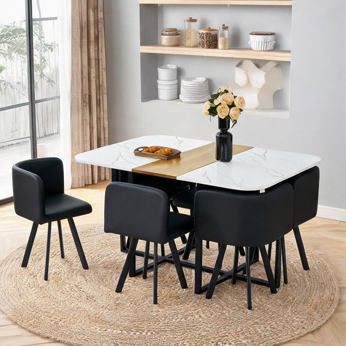 Set de salle à manger 7 pièces 6 chaises gain de place table mélaminé clean white structure métal noir