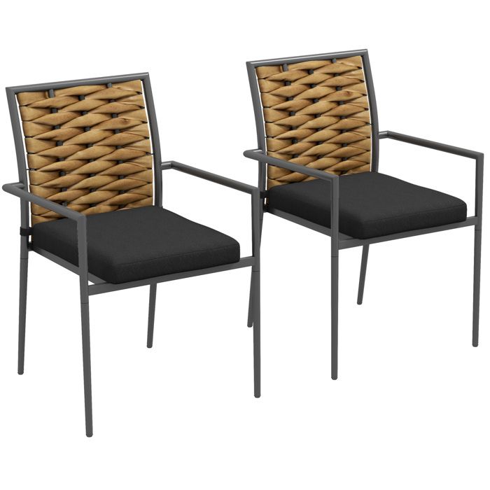 Lot de 2 fauteuils de jardin empilables 57 x 58 x 87 cm en acier et rotin PE avec coussins noir