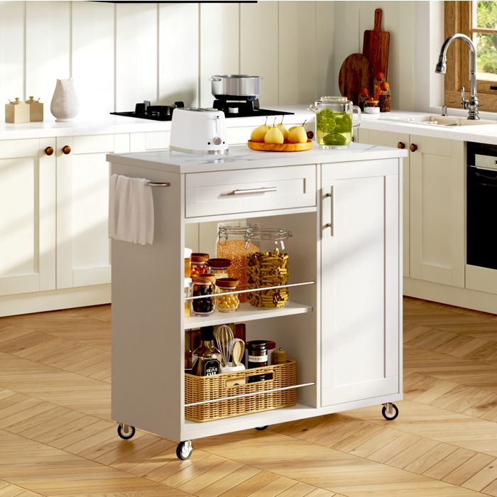 Desserte de Cuisine Mobile avec Tiroir et Étagères - TCQPZ - Plateau Décor Marbre en MDF Blanc 90 × 62 × 90 cm