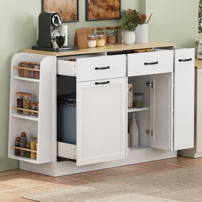 Buffet de cuisine avec portes tiroirs et compartiment poubelle - MODENVIE - étagères ouvertes Blanc MDF