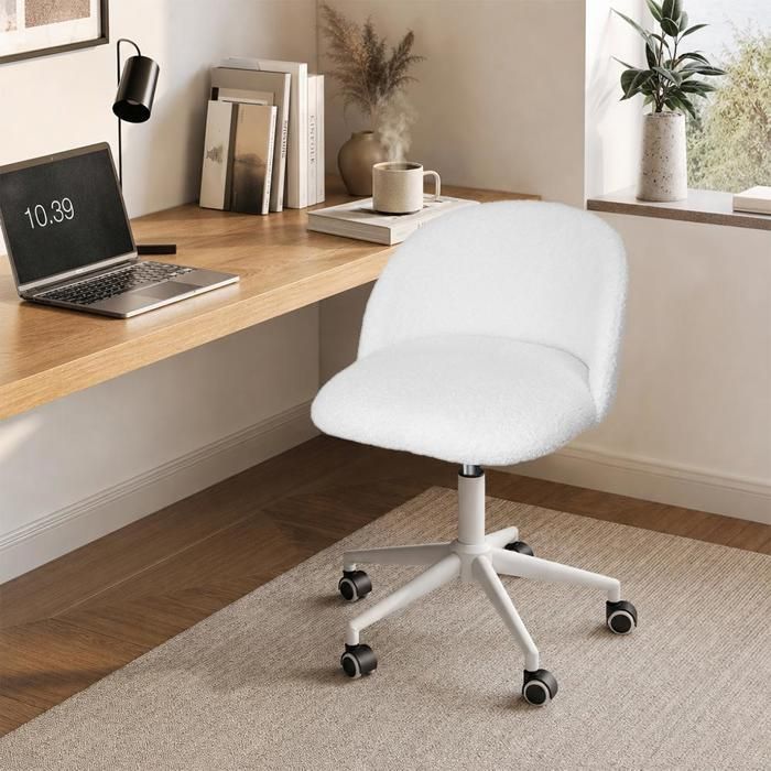 SUPFINE Chaise de Bureau Fauteuil de Coiffeuse en Métal + Velours Hauteur réglable Chaise Pivotante pour Bureau Chambre Blanc