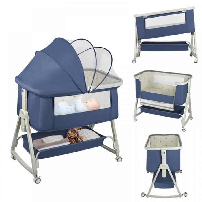 Lit cododo bébé 3 en 1-Berceau-Réglable en inclinaison et hauteur-Avec matelas moelleux et moustiquaire à 4 roues-50*91*68-81cm