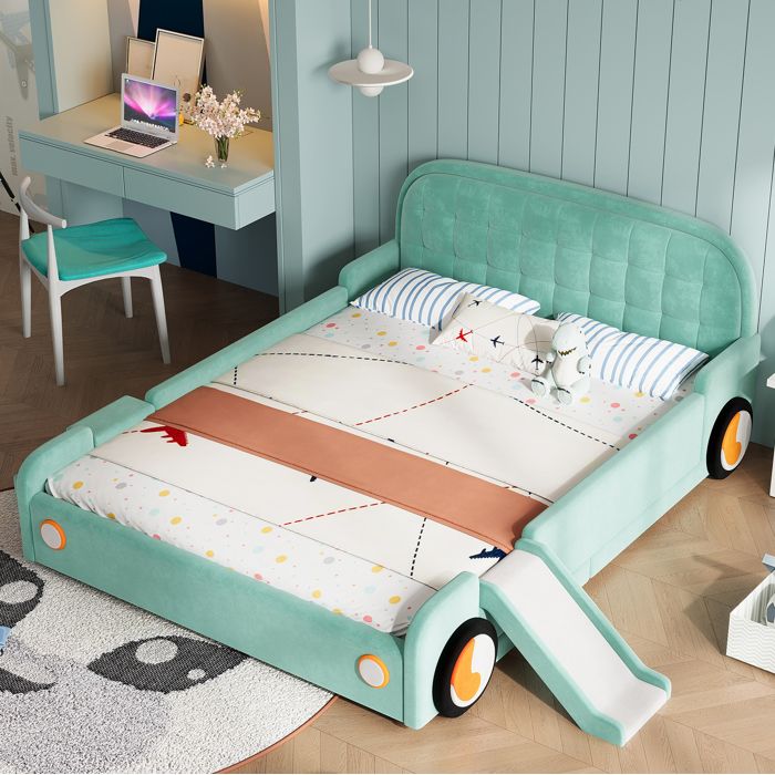 Lit Enfant Voiture Bleu-Vert Lit Auto FloraGrace Pour Chambre Enfant Montage Gauche Droite 218.5x247x86cm