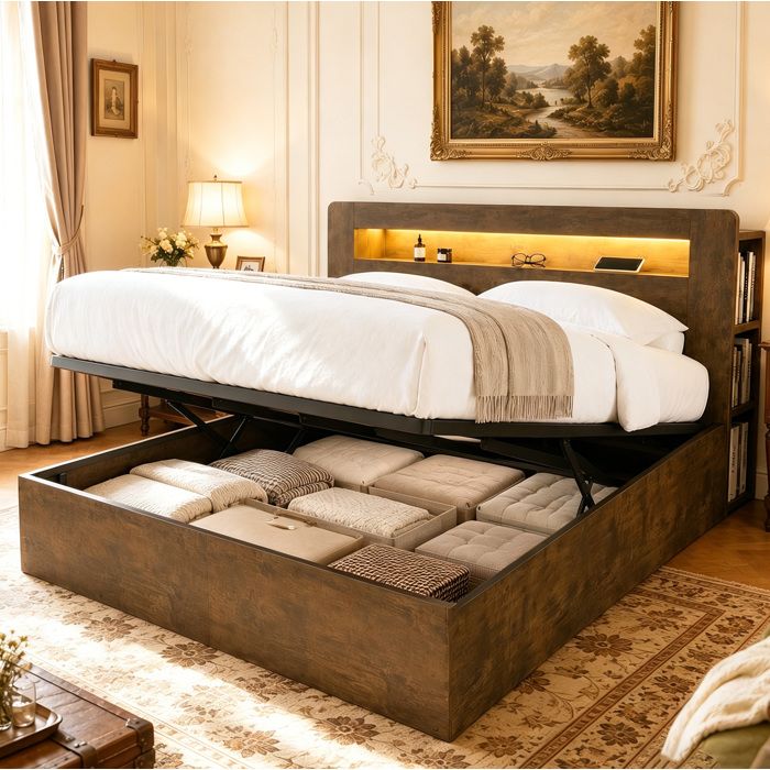 VUENOR Lit coffre 180x200 cm bois marron – rangement hydraulique sans matelas
