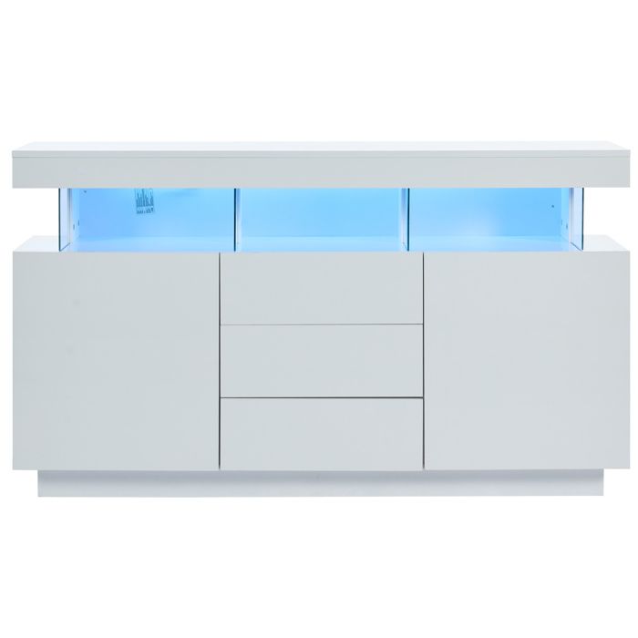 Buffet bas - blanc brillant - 140 x 35 x 80 cm - 3 tiroirs 2 portes LED 16 couleurs