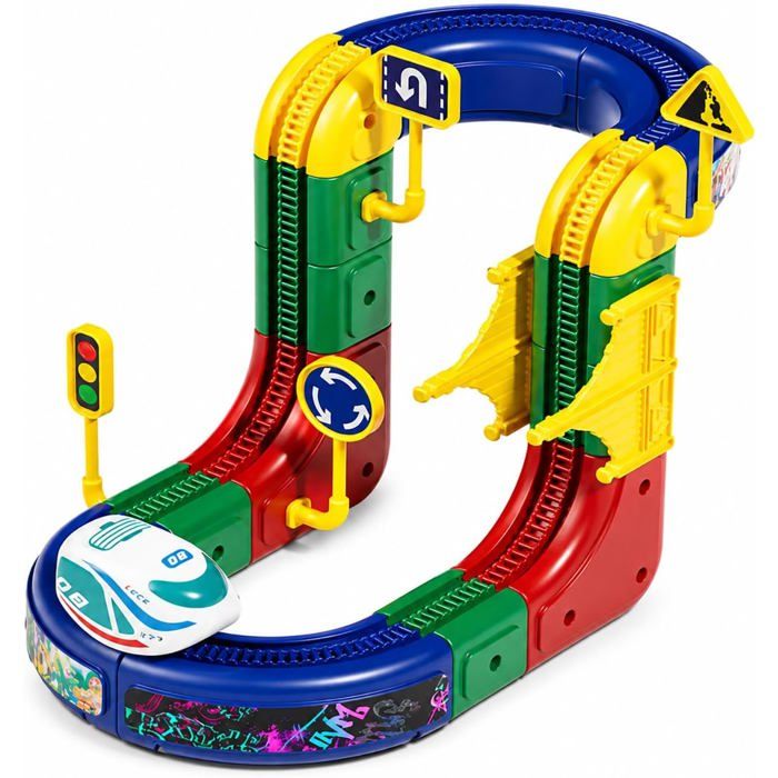 Circuit de Train à Cubes 15 pièces Coffret de Train 3D défiant la gravité Circuit de DIY à Construire Jouet éducatif STEM