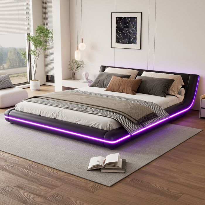 Lit plat 160 x 200 cm lit de sol PU éclairage dambiance LED noir