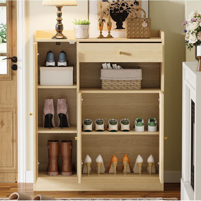 Meuble à chaussures rattan 3 portes 1 tiroir étagères réglables 90 x 35 x 110 cm bois naturel MDF