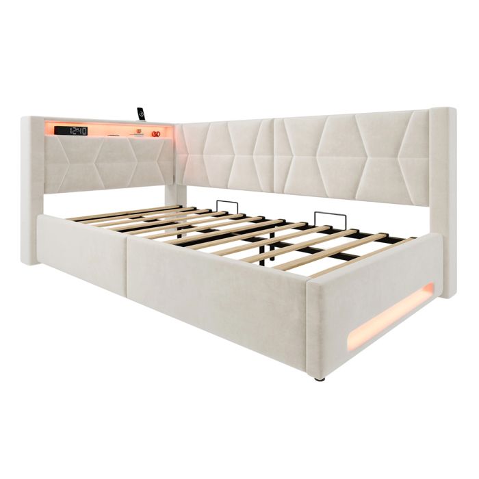 Lit capitonné 90x200 cm beige avec coffre LED USB Type-C sommier à lattes et relevage hydraulique